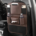 PU leather car seat back storage bag with mesh compartments in black, grey, green, and brown colour options