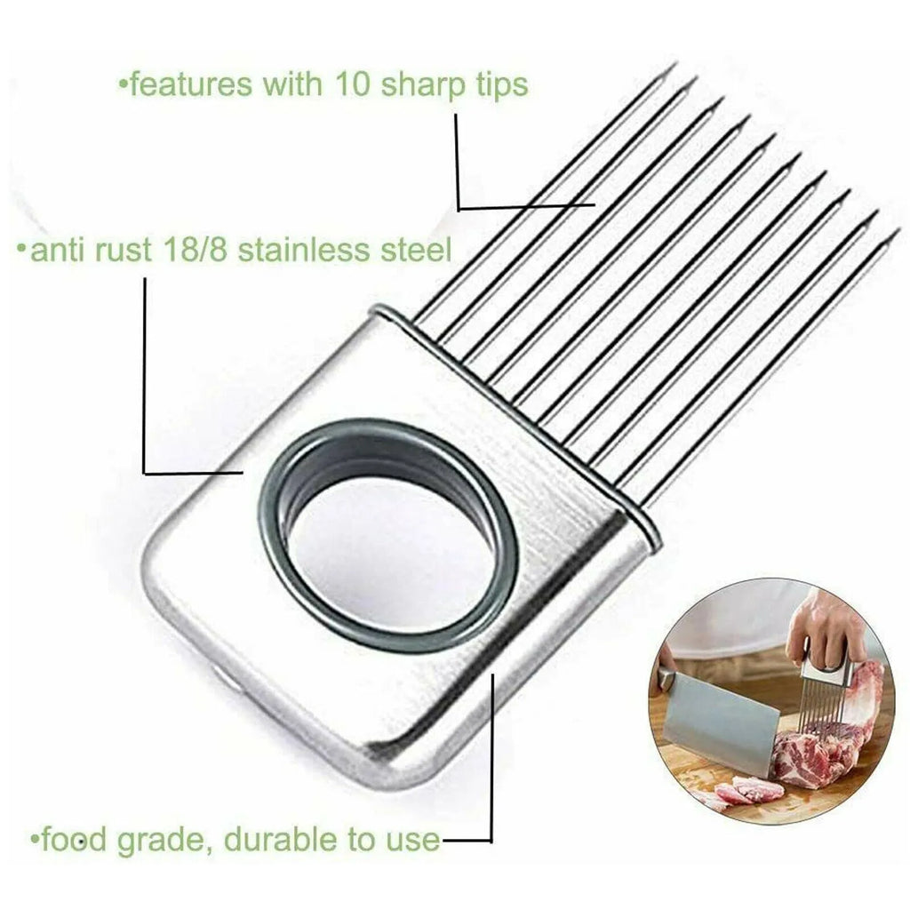 Stainless steel onion holder with sharp prongs and a finger guard on a kitchen counter.