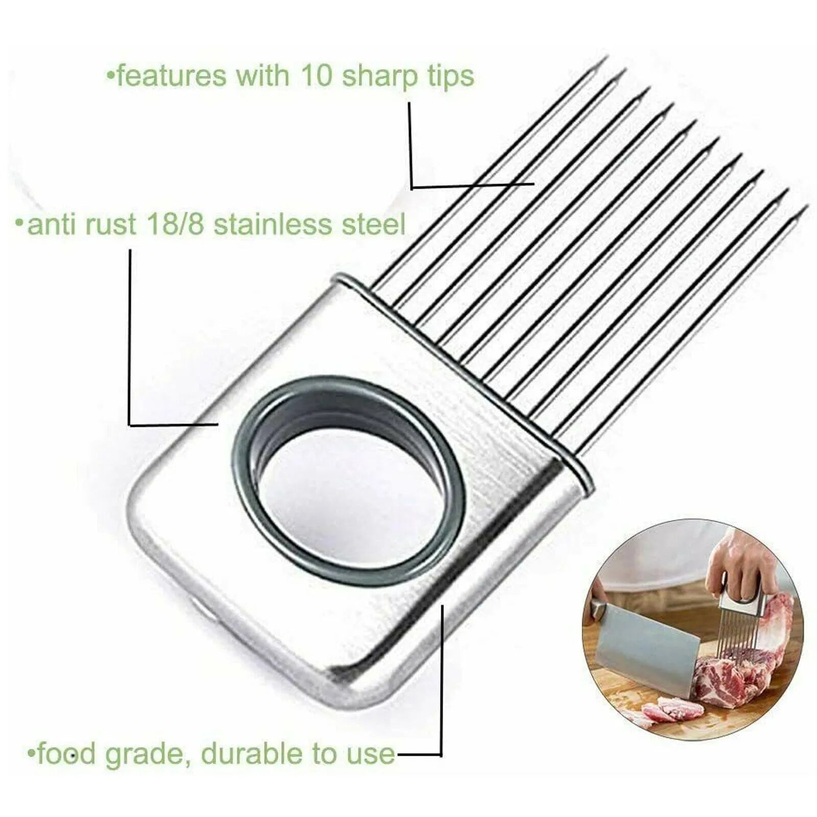 Stainless steel onion holder with sharp prongs and a finger guard on a kitchen counter.