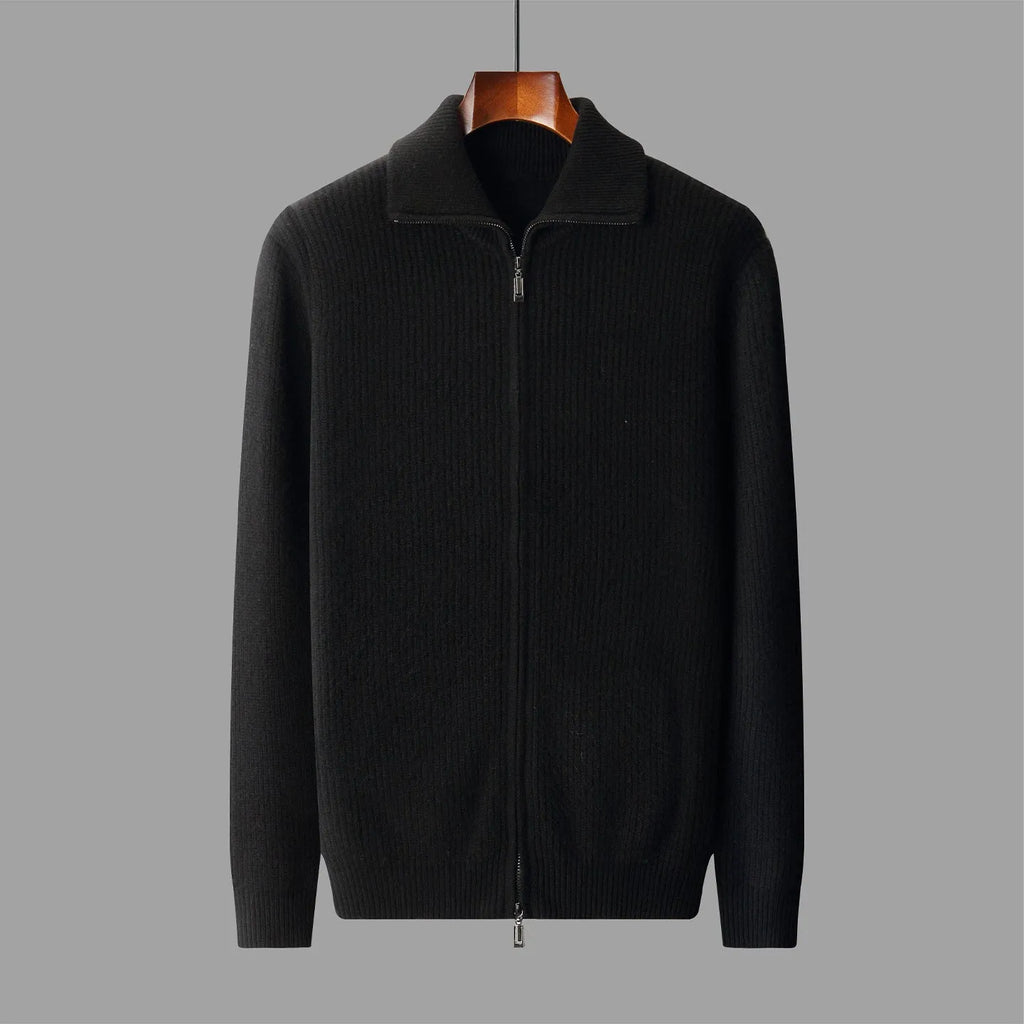 New pure wool zipper cardigan for men in dark gray with lapel collar and front zip, shown on a model