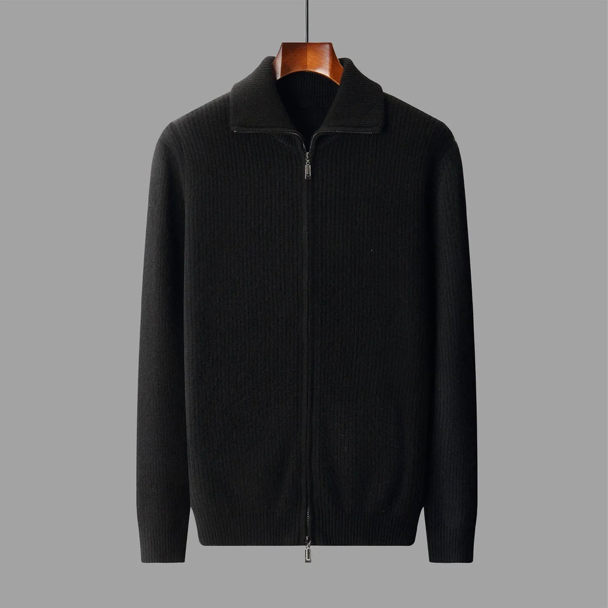 New pure wool zipper cardigan for men in dark gray with lapel collar and front zip, shown on a model
