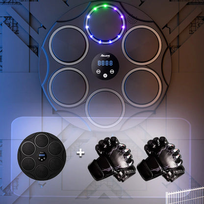 Smart Bluetooth boxing target with coloured LED lights on black PU surface, wall-mounted fitness training equipment