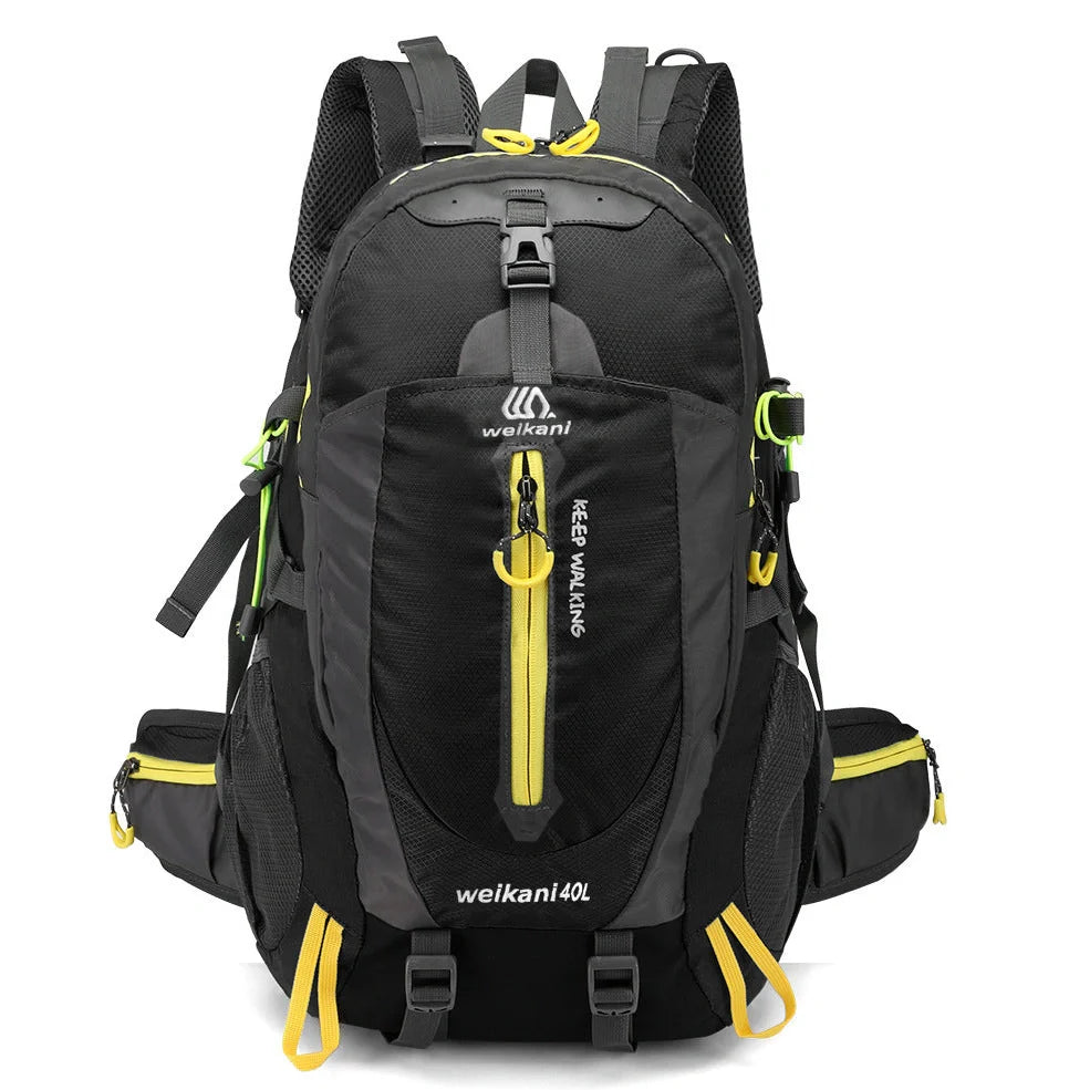 Green 40L hiking backpack with adjustable chest strap and multiple compartments for outdoor sports