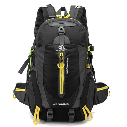 Green 40L hiking backpack with adjustable chest strap and multiple compartments for outdoor sports