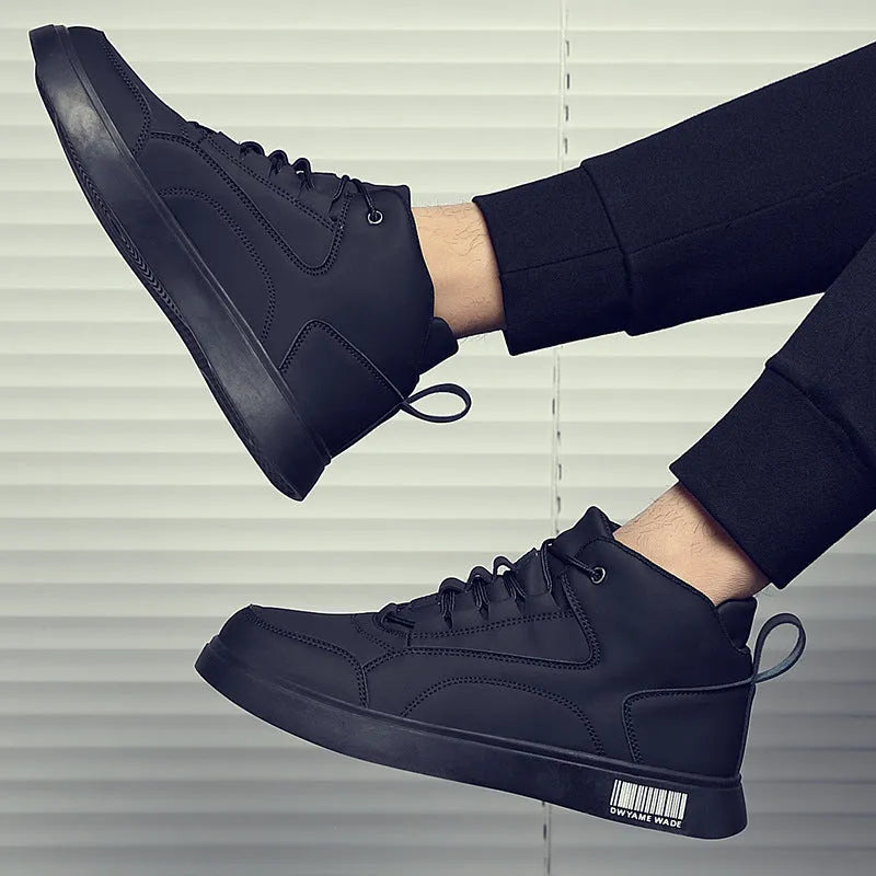 Men's white mid-top casual lace-up sneakers with a round toe and rubber sole