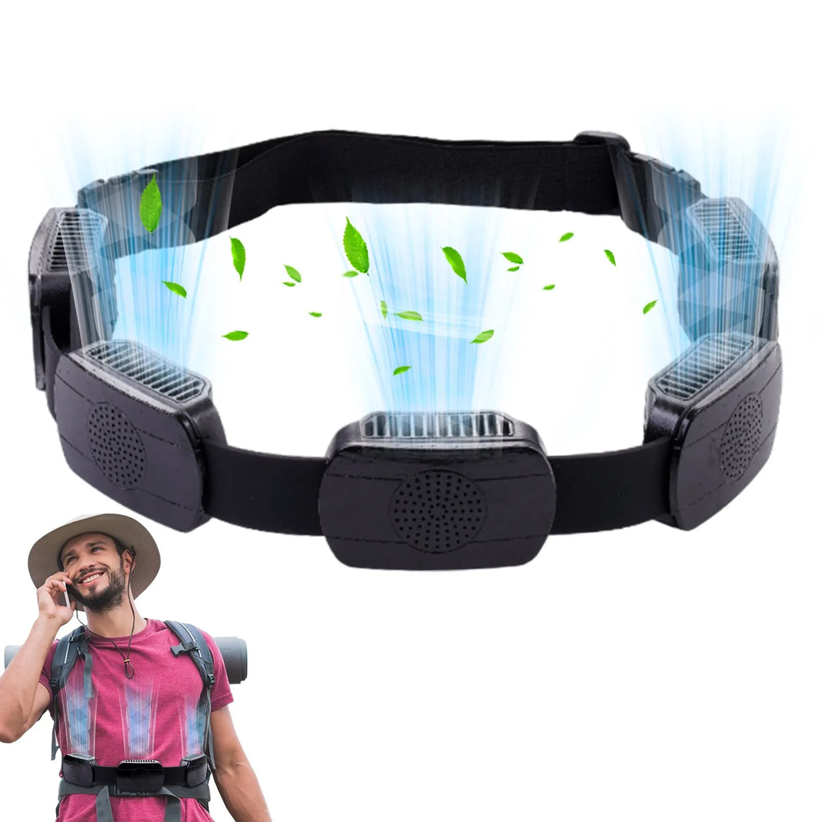 Outdoor portable ring fan waist set with 5 fans, black plastic, USB powered, 1.5m cable