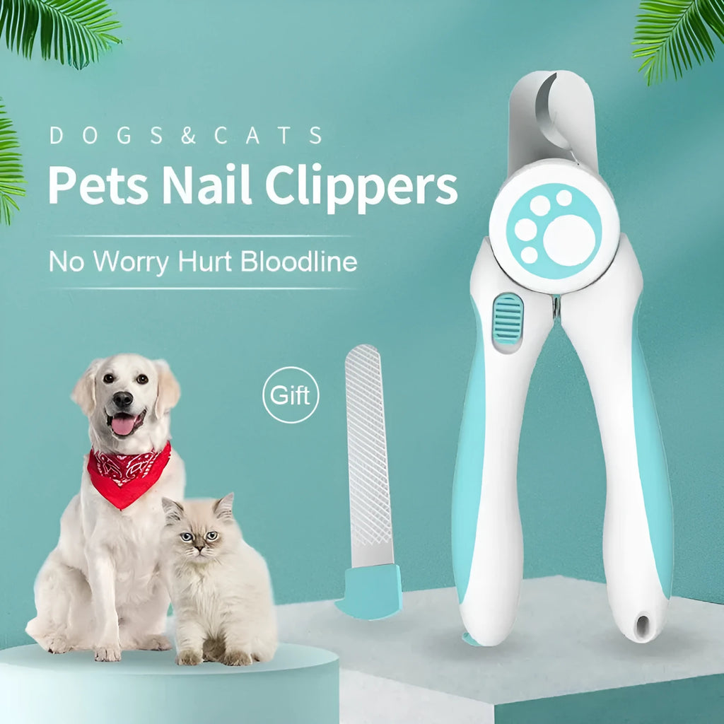 Blue and white pet nail clipper with safety lock, shown with a separate nail file.