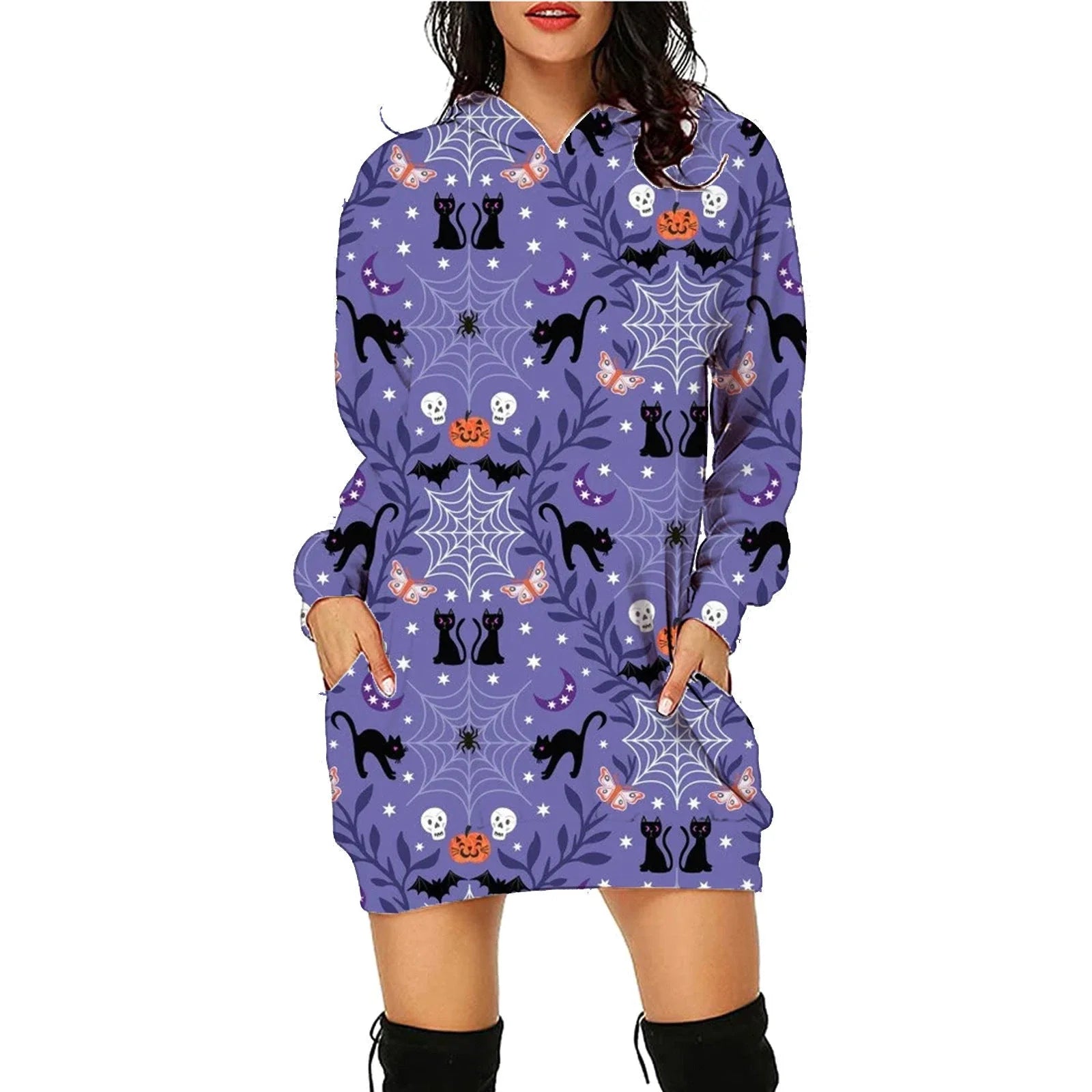 Stylish women's Halloween hoodie with a unique printed design and convenient front pockets