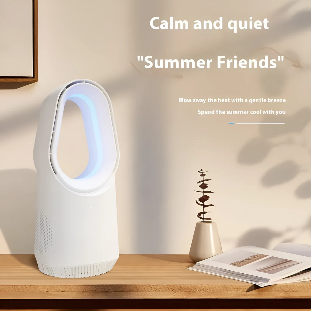 White bladeless tower fan with touch screen controls and remote on a desk.