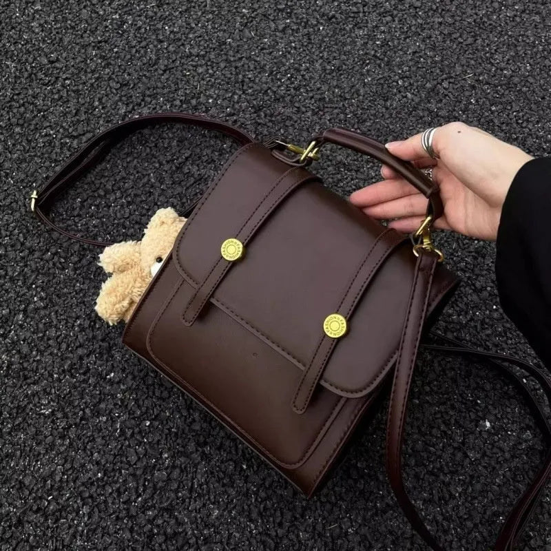 Japanese Korean uniform backpack for women, large capacity, double-shoulder strap, brown or black, with sewing thread detail