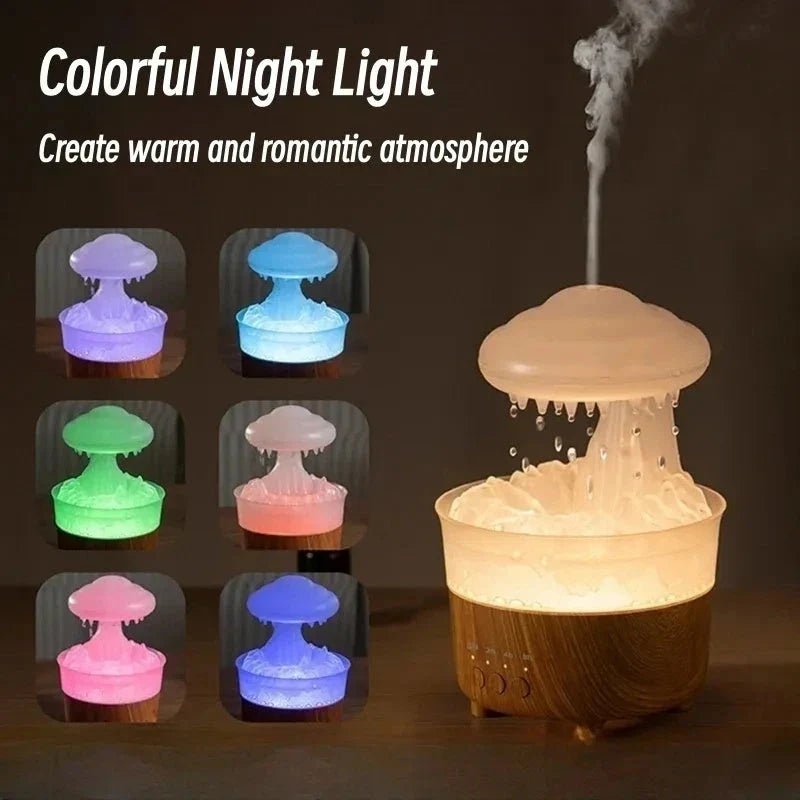 Relaxing Raindrop Cloud Humidifier with 7-color LED light, essential oil diffuser, and soothing water droplet sounds