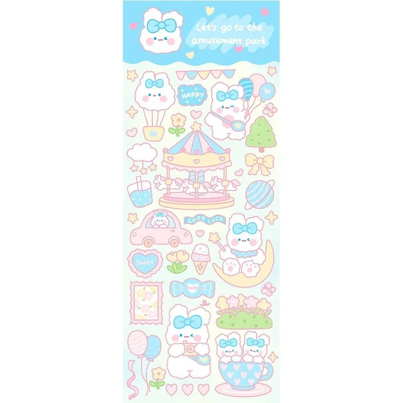 Clear PVC waterproof sticker sheet with cartoon designs for notebook and stationery decoration.
