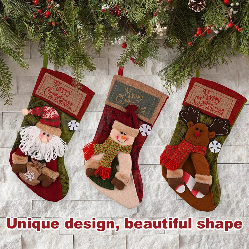 Cozy Christmas stocking with 3D applique designs of snowman, old man, and elk