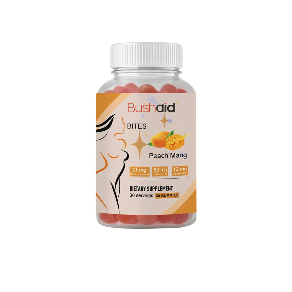 Bushaid Tanning Gummy Candies container with 60 soft gummies for skin tanning support