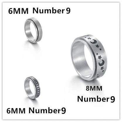 Stylish titanium steel rings with stars, moons, and unique textures for fashionable accessories