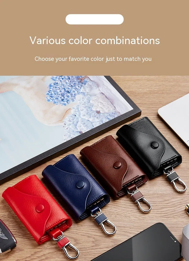 Genuine leather keychain card holder in square vertical format with internal key mapping
