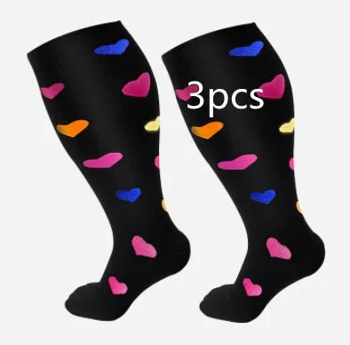 Plus-size compression socks in various stylish patterns for improved leg health and comfort