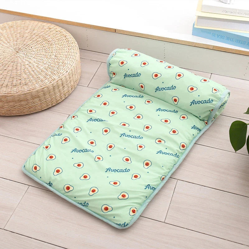 Cooling Breathable Pet Bed made of ice silk fabric with a plush, pillow-like design for superior comfort and cooling relief