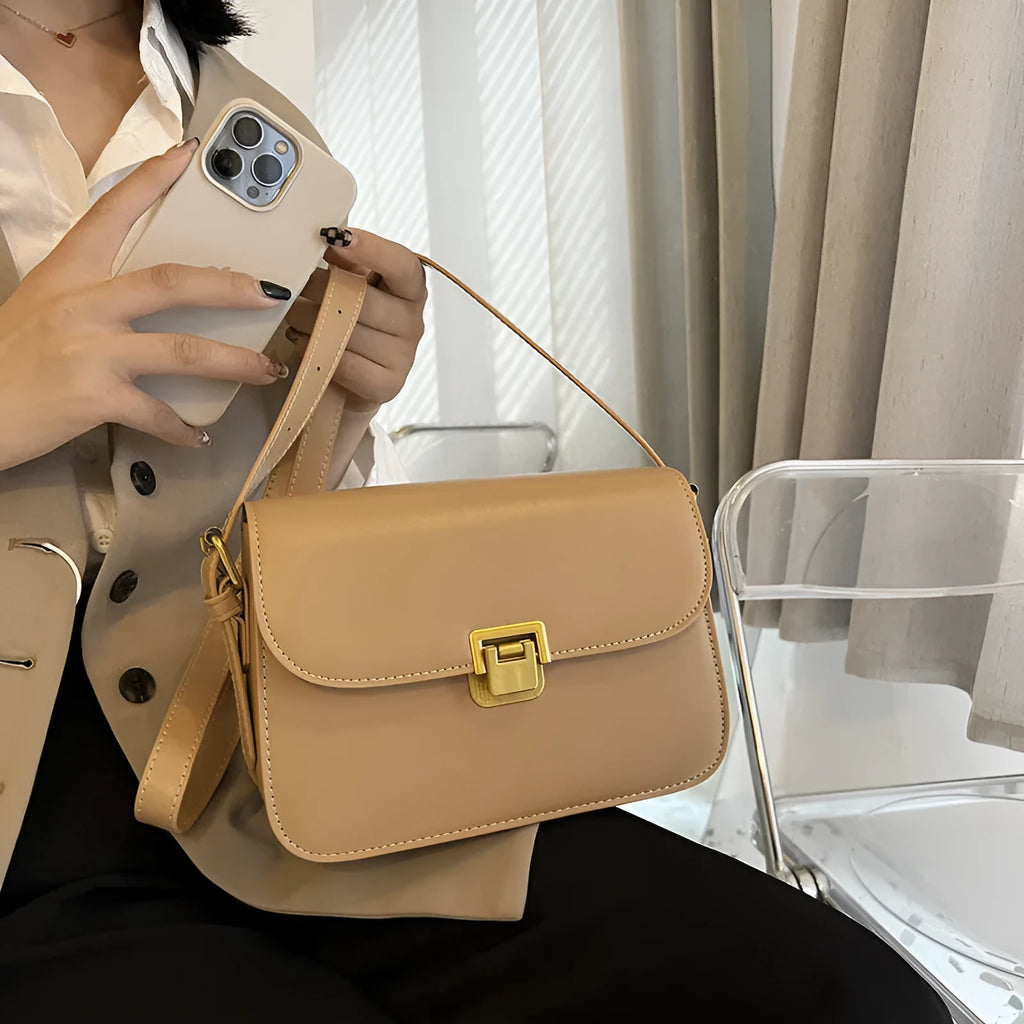 Women's soft PU one-shoulder underarm small square bag in a horizontal shape, shown in various colours.