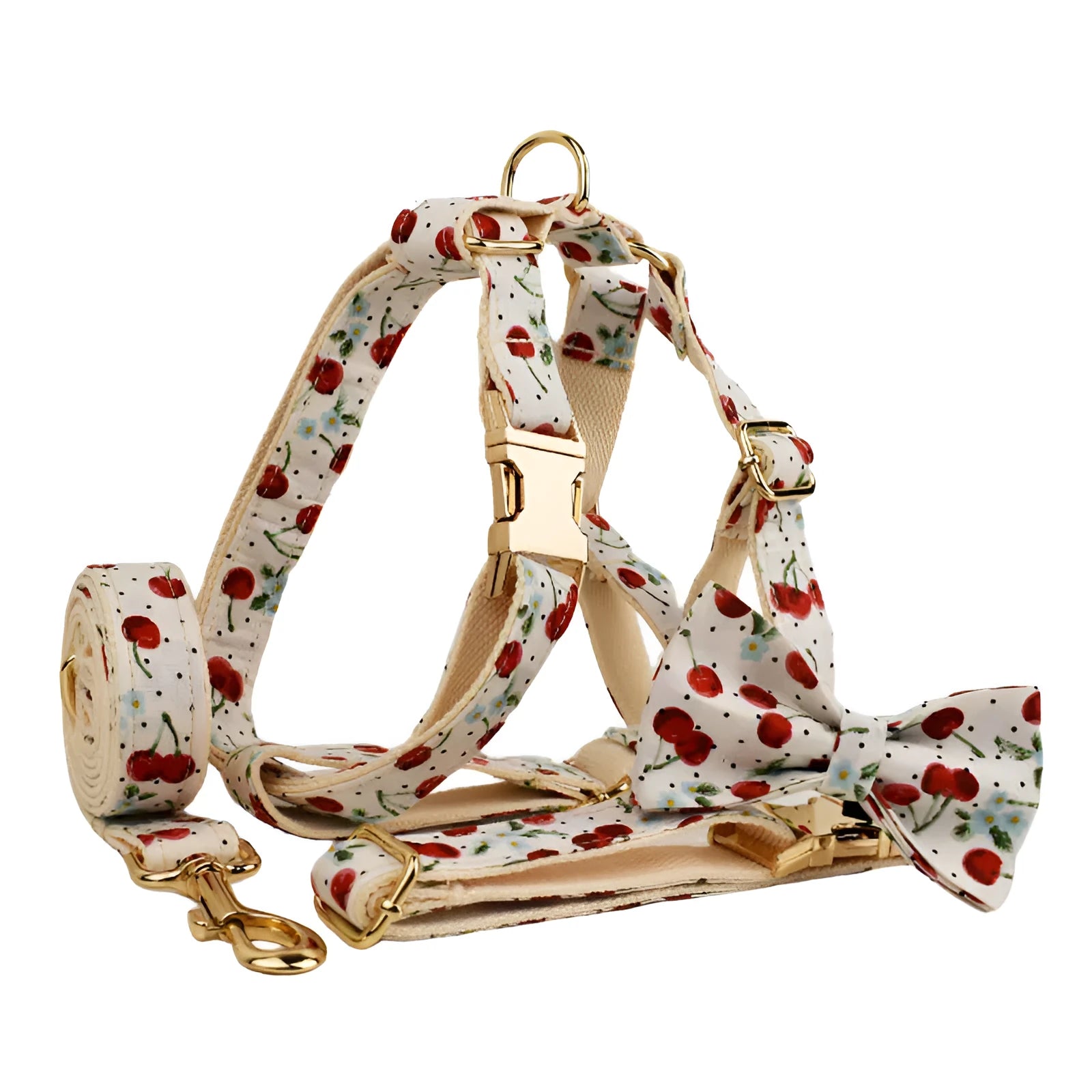 Red cherry printed dog collar and leash set with bow accessory and light gold release buckle