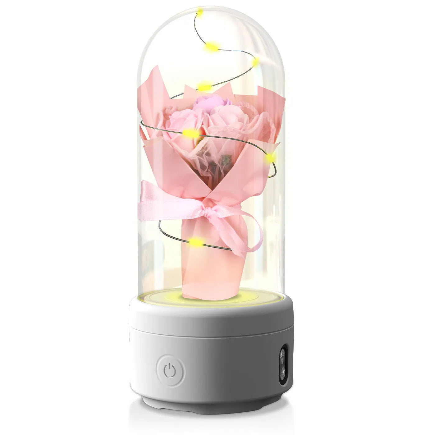 Rose-shaped LED bouquet night light with Bluetooth speaker enclosed in glass cover