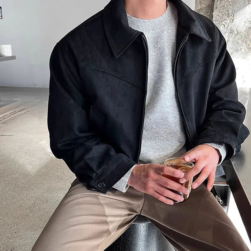 Loose fit Hong Kong style short jacket in brown suede fabric with lapel collar, front view