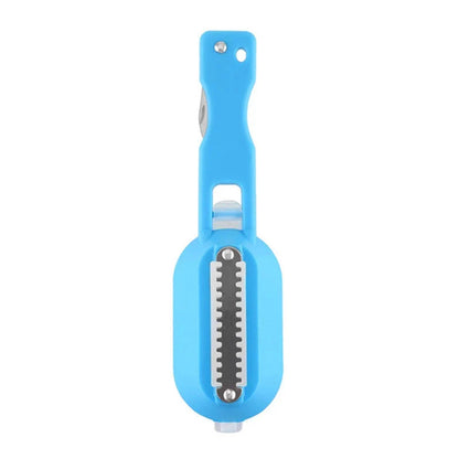 Fish scale scraper in white, green, and blue with hanging hole for easy storage