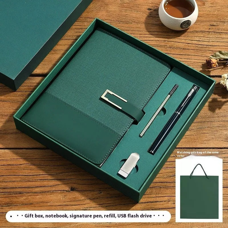 A5 soft PU leather business notebook in choice of five colours, shown with wood-free paper pages and optional gift box.