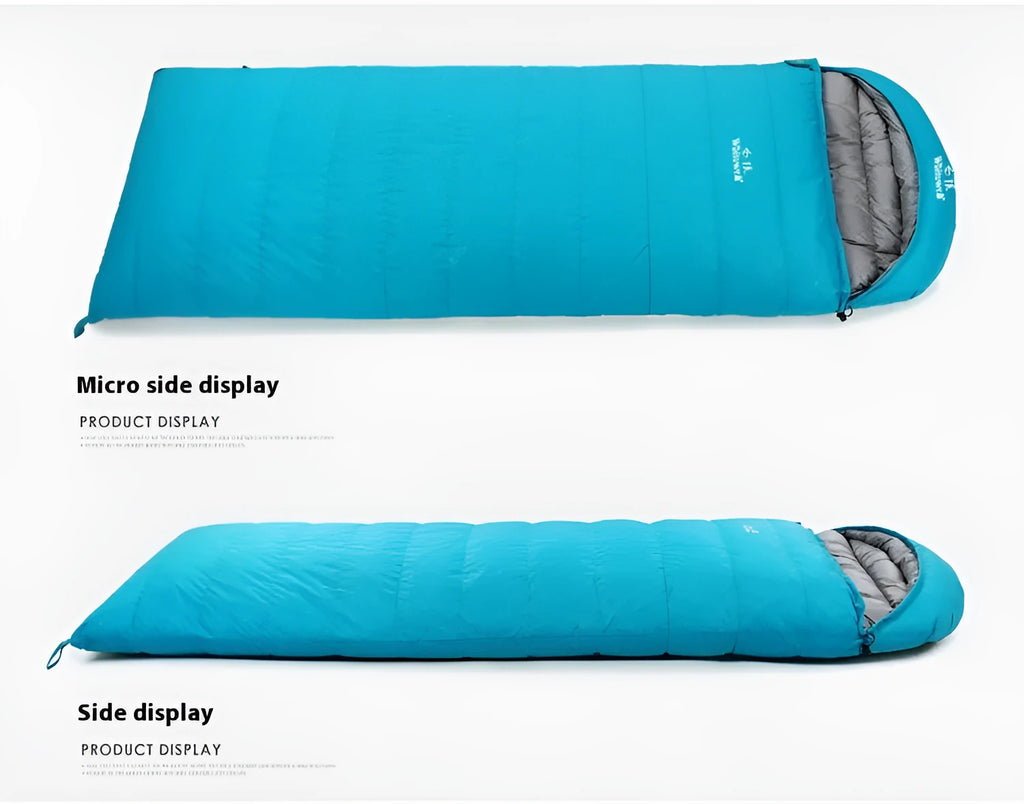 Black outdoor sleeping bag with goose down filling and durable nylon fabric.