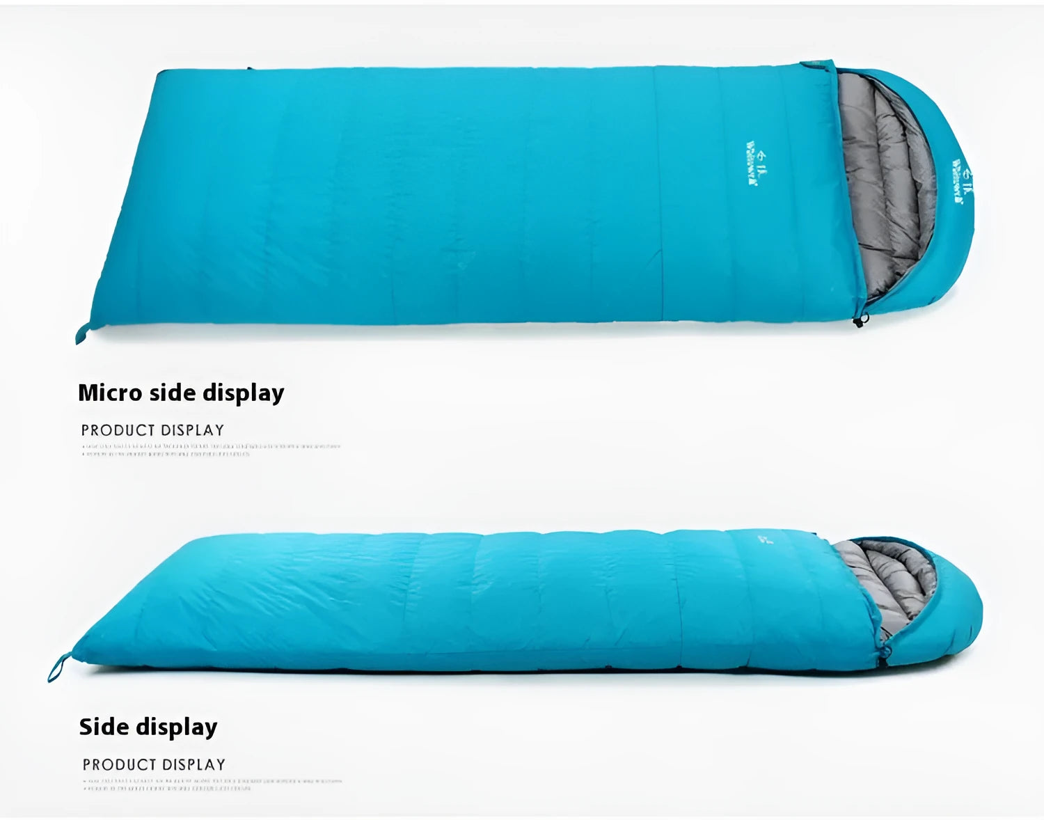 Black outdoor sleeping bag with goose down filling and durable nylon fabric.