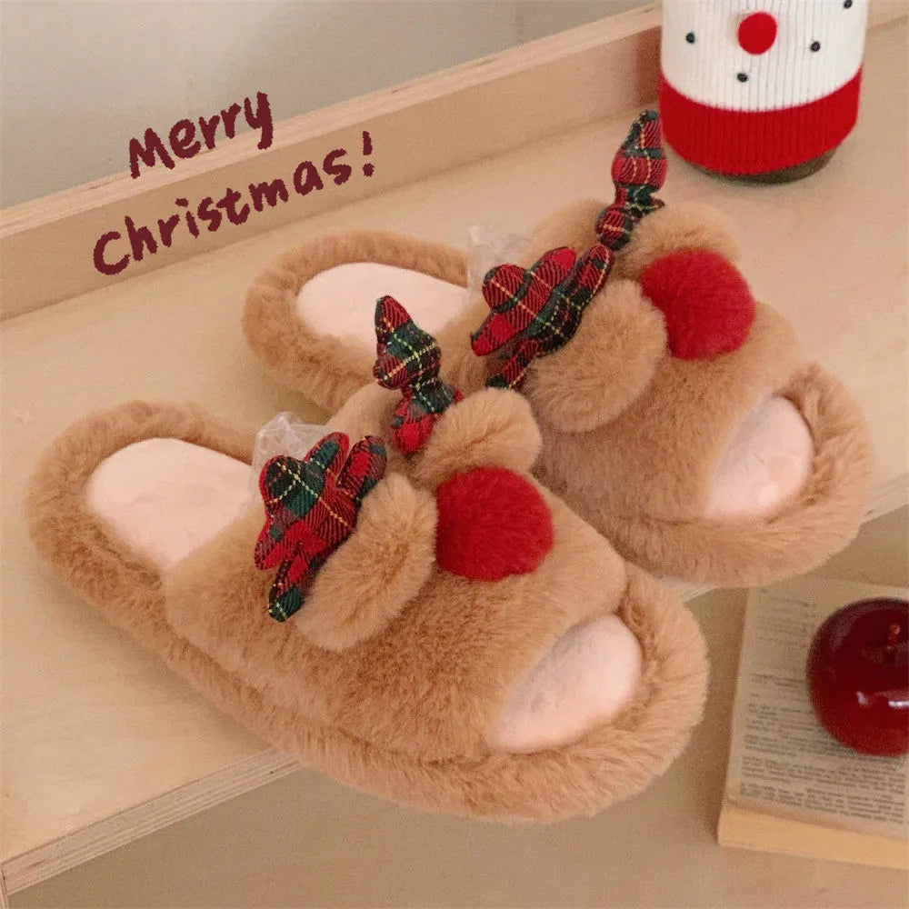 Brown women's cotton slippers with cartoon fawn design, suede uppers and PVC soles