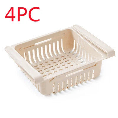 Stretchable refrigerator storage basket in white, blue, pink, and apricot colours