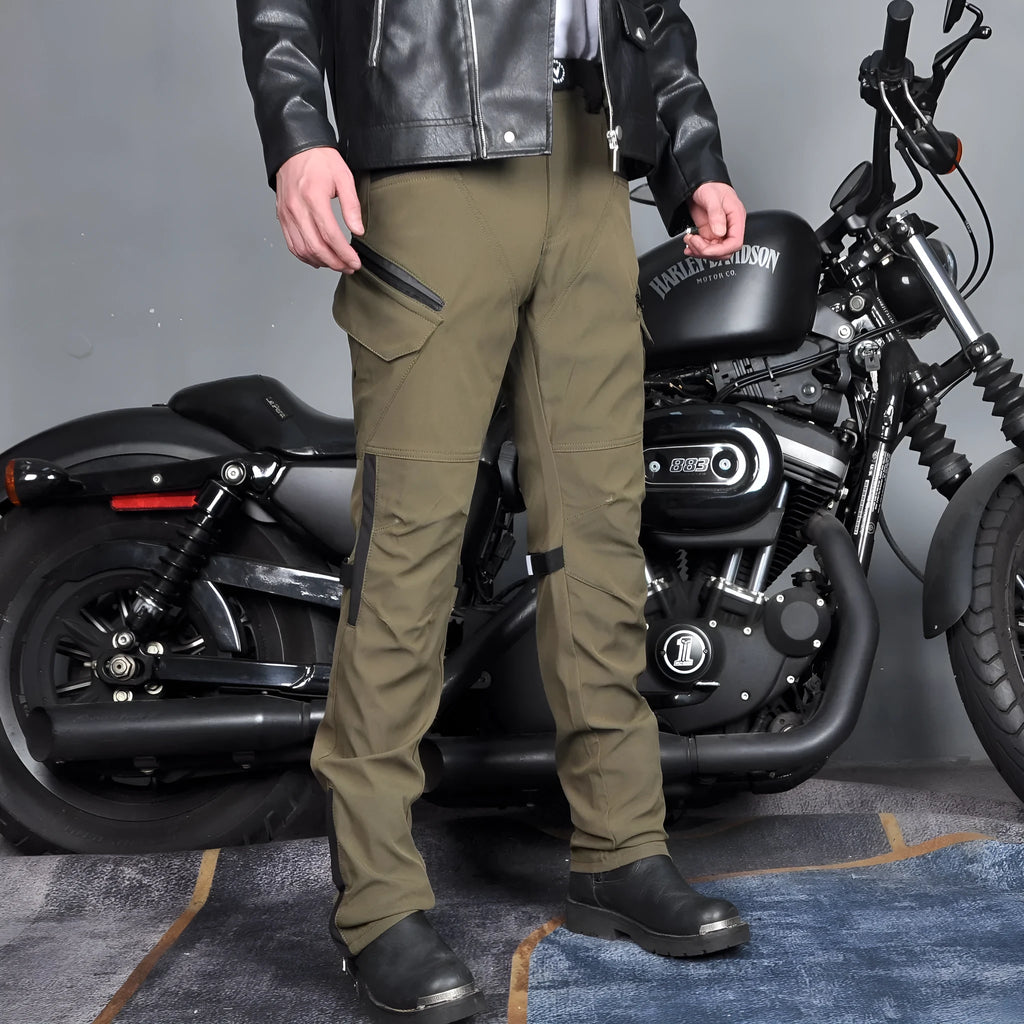 Men's waterproof black motorcycle cycling pants with detachable belt and protective knee pads on a mannequin.