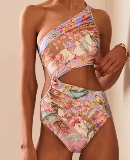 Rose gold patterned women's swimsuit for summer swimming in polyester fabric