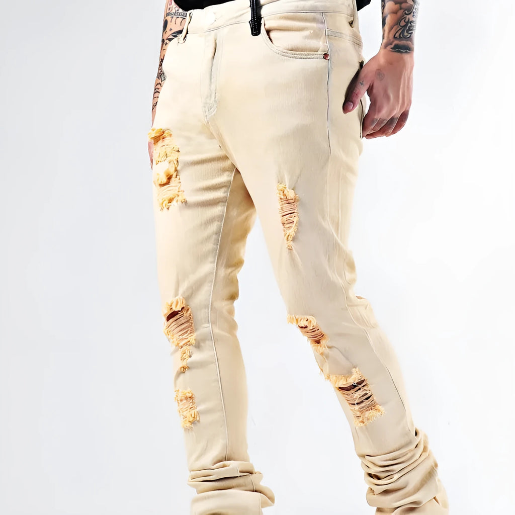 Stone washed medium high waist flare jeans in apricot cotton stretch denim with zipper fly