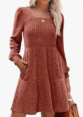 Solid colour round neck knitted dress sweater with long sleeves in various colours