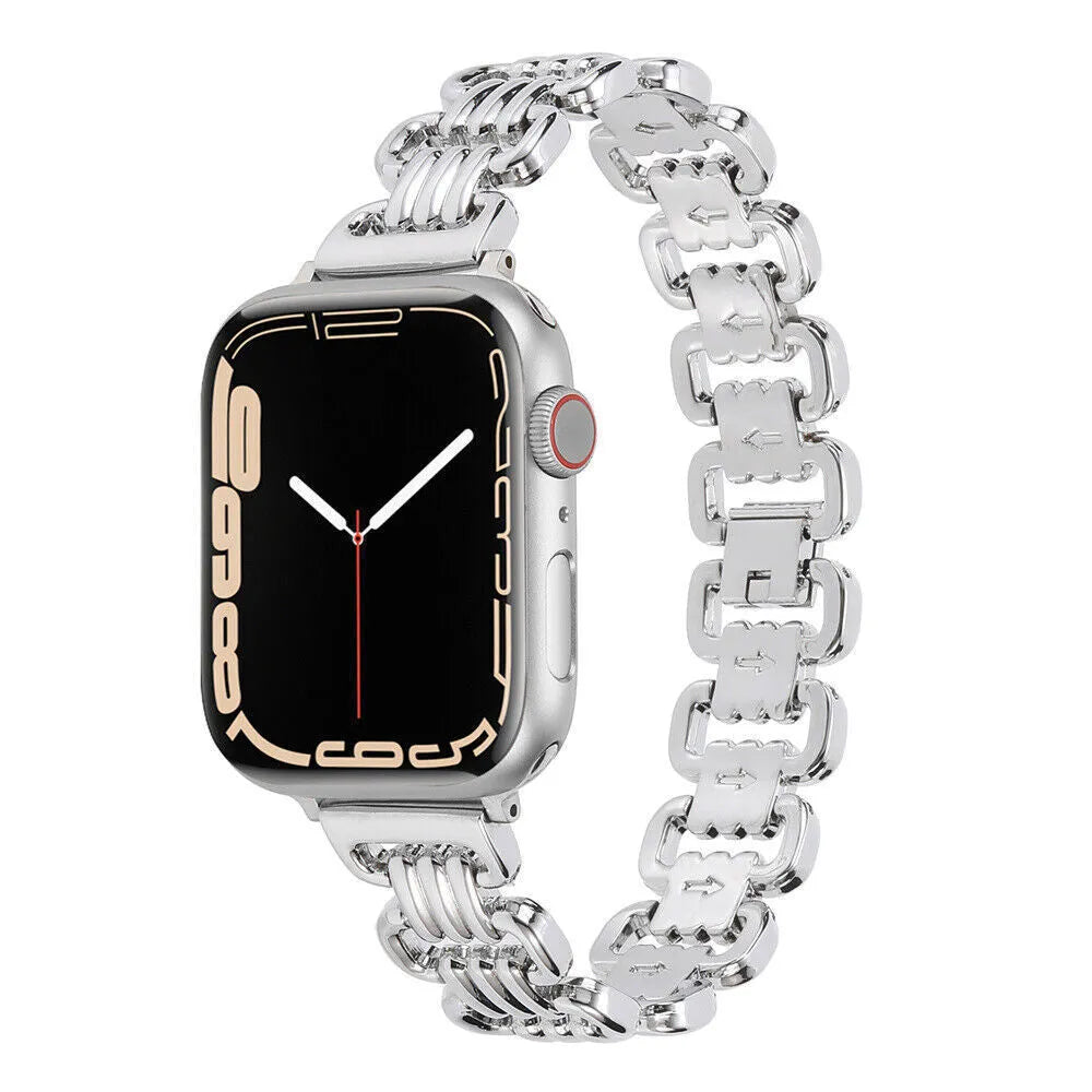 Stainless steel alloy Apple Watch band in silver, black, gold, rose gold, and starlight colours.