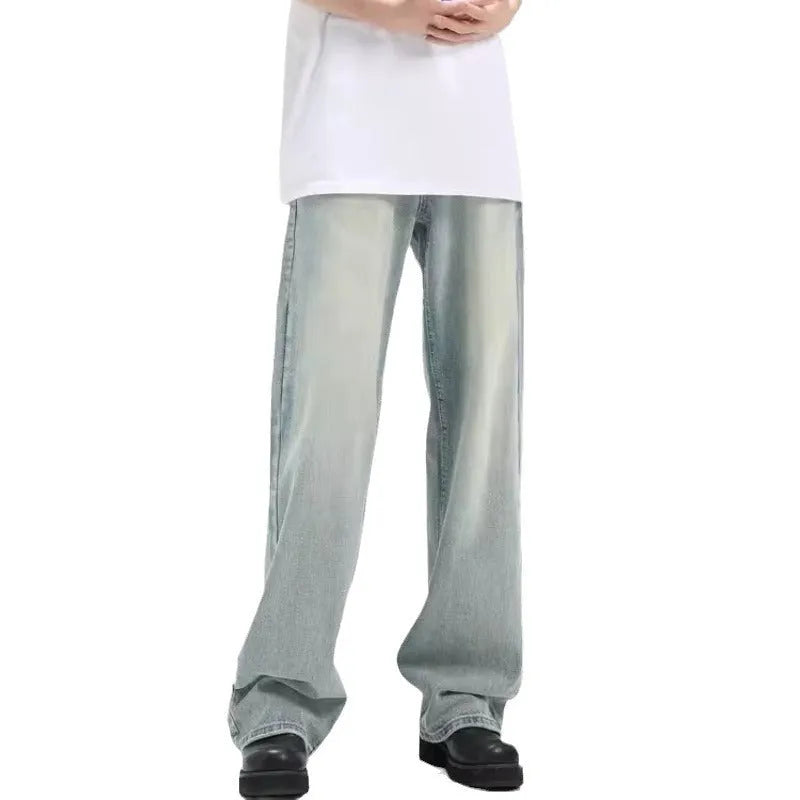 Blue retro loose-fit casual trousers made from rabbit fur fabric on a neutral background.