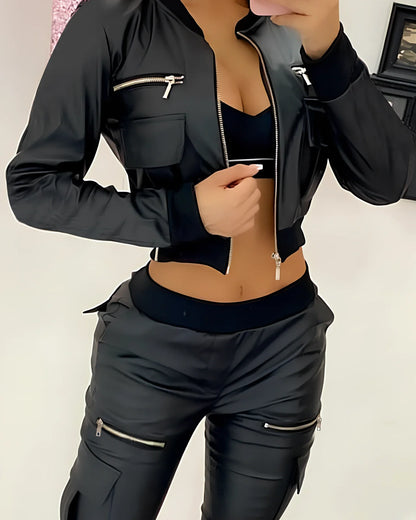 Black PU short baseball uniform jacket with long spliced sleeves, polyester 51-70%, sizes S-XL for women commuting