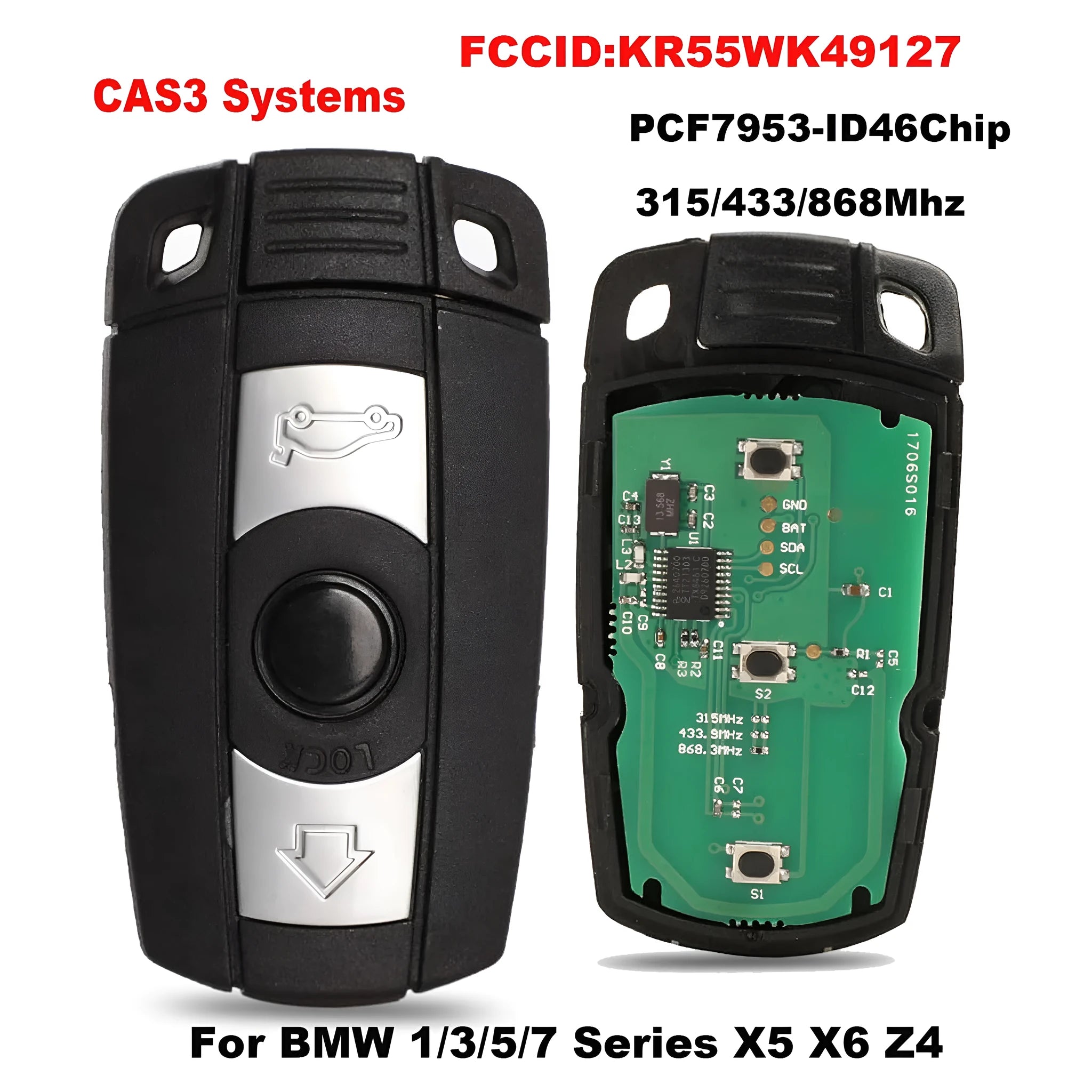 BMW CAS3 semi-intelligent remote car key with 3 buttons and metal-plastic construction