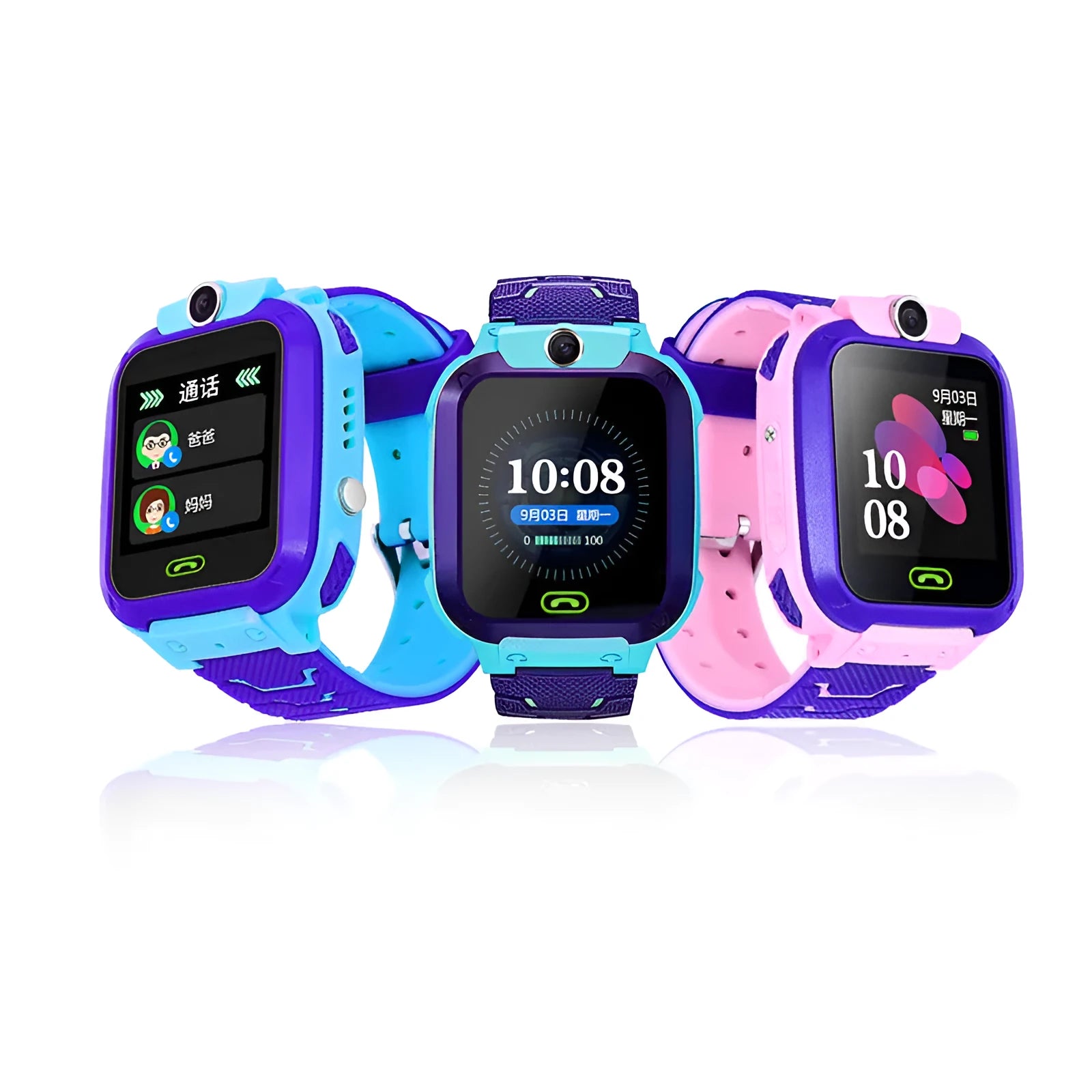 Blue children's waterproof phone watch with 1.44-inch screen showing GPS tracking interface