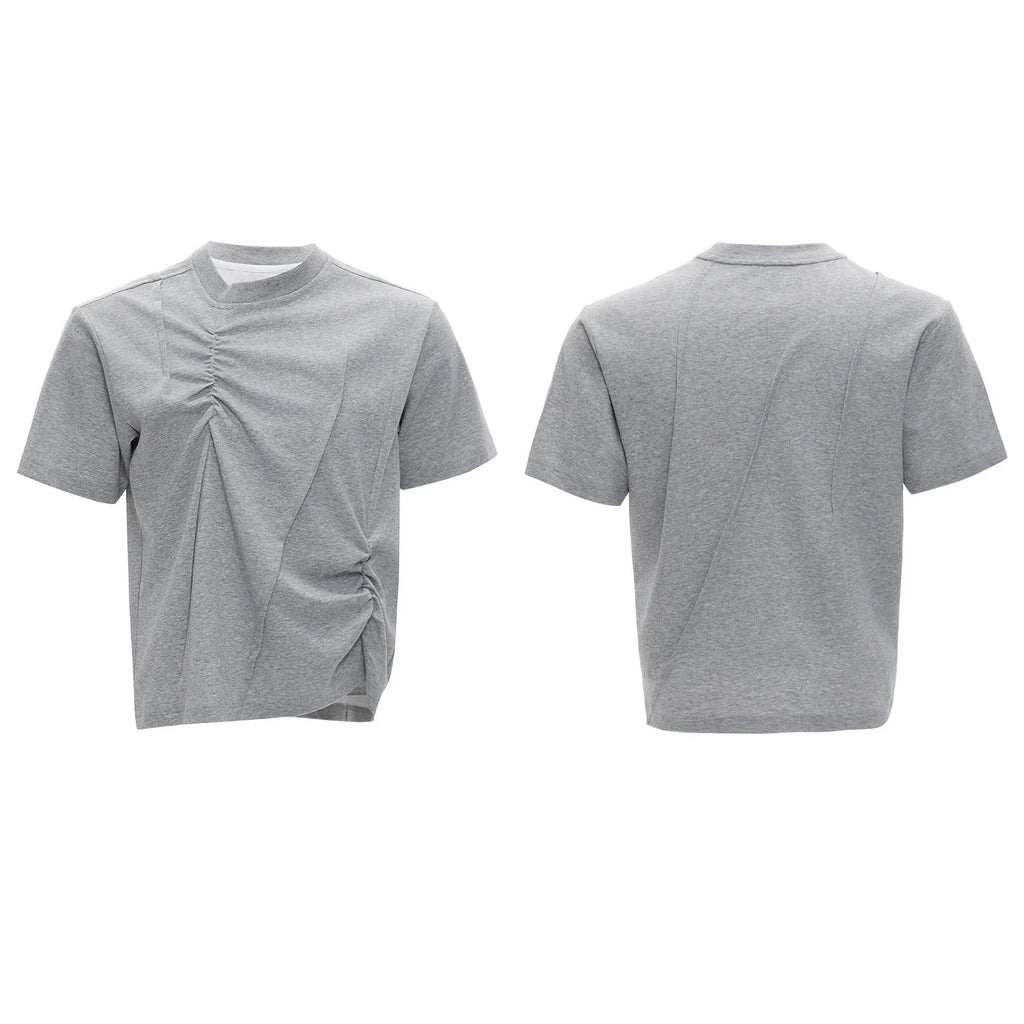 Men's grey loose fit cotton t-shirt with three-dimensional pleated texture detail on front.