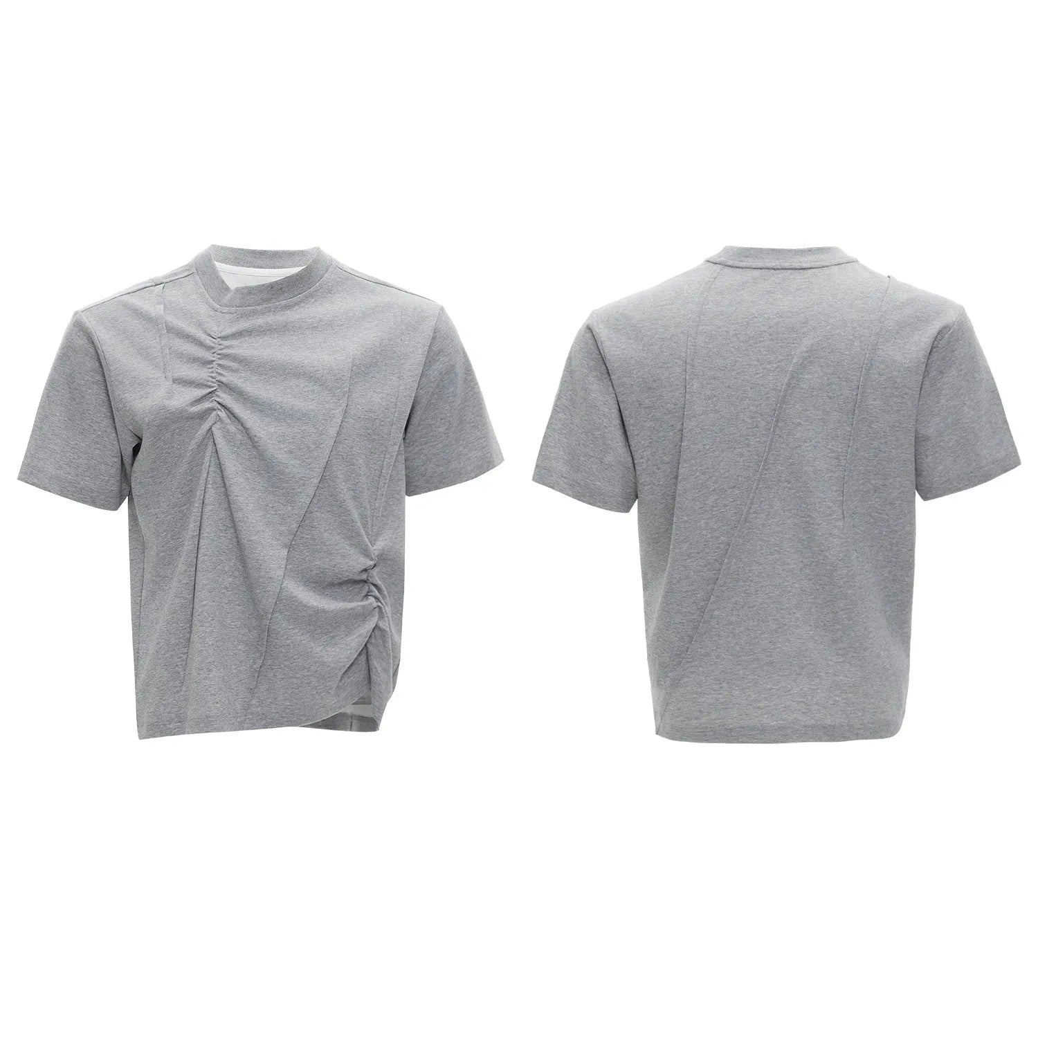 Men's grey loose fit cotton t-shirt with three-dimensional pleated texture detail on front.