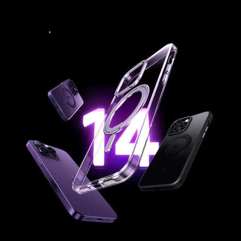 Transparent magnetic suction phone case for iPhone models on a metallic surface.