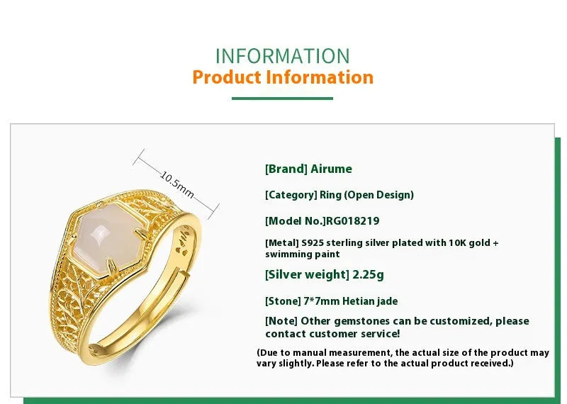 Retro geometric hexagon Hetian jade ring with 10k gold swimming paint finish on silver band, adjustable opening for women