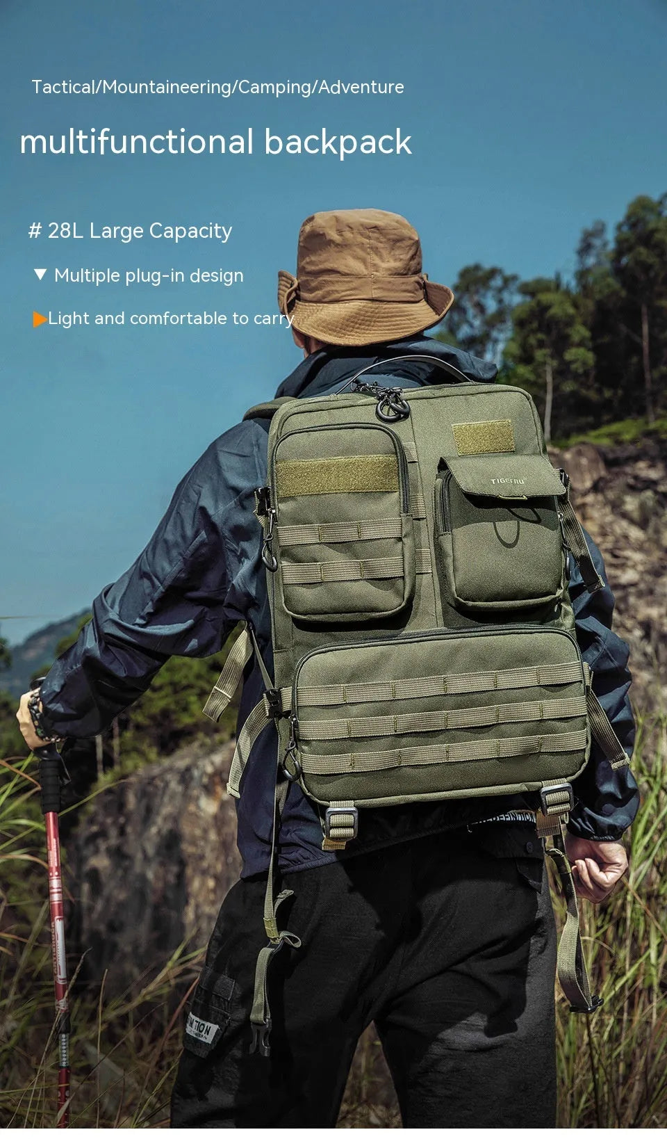 Army green tactical backpack with waterproof nylon construction showing front compartments