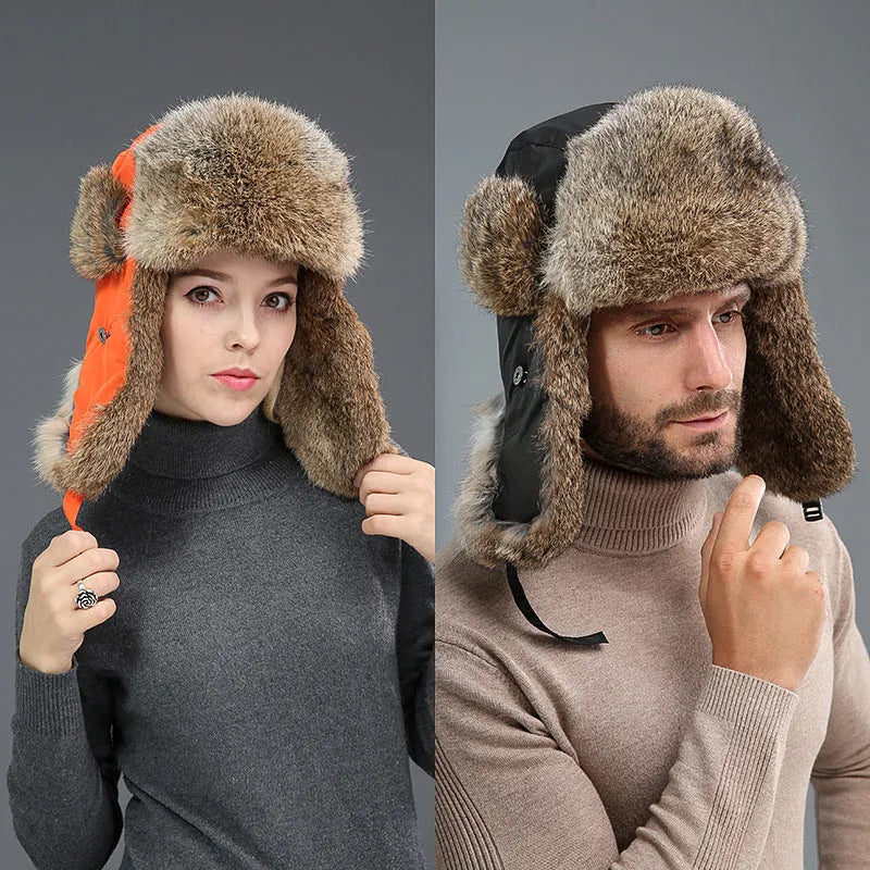 Rabbit fur unisex thickened warm ear protection hat in black cloth with black fur, dome crown style