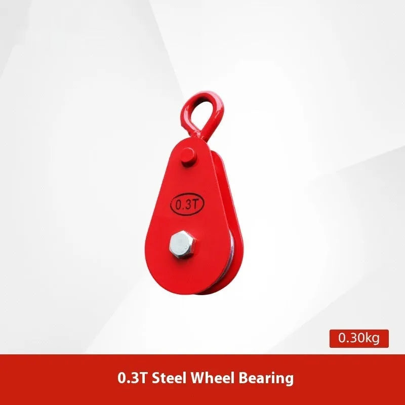 Red industrial lifting pulley with a safety-latched hook forged from A3 steel.