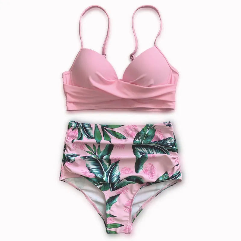 Women's floral print bikini set with steel bracket push-up bra and high-waisted briefs in multiple colours.