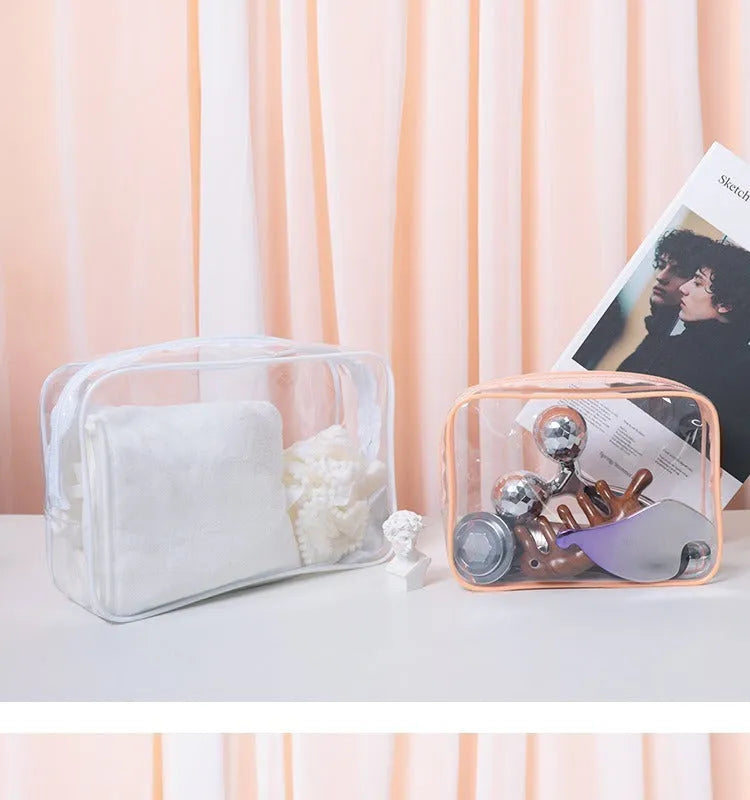 Set of three semi-transparent PVC makeup bags in black, pink, and white colours for Labubu and cosmetic storage